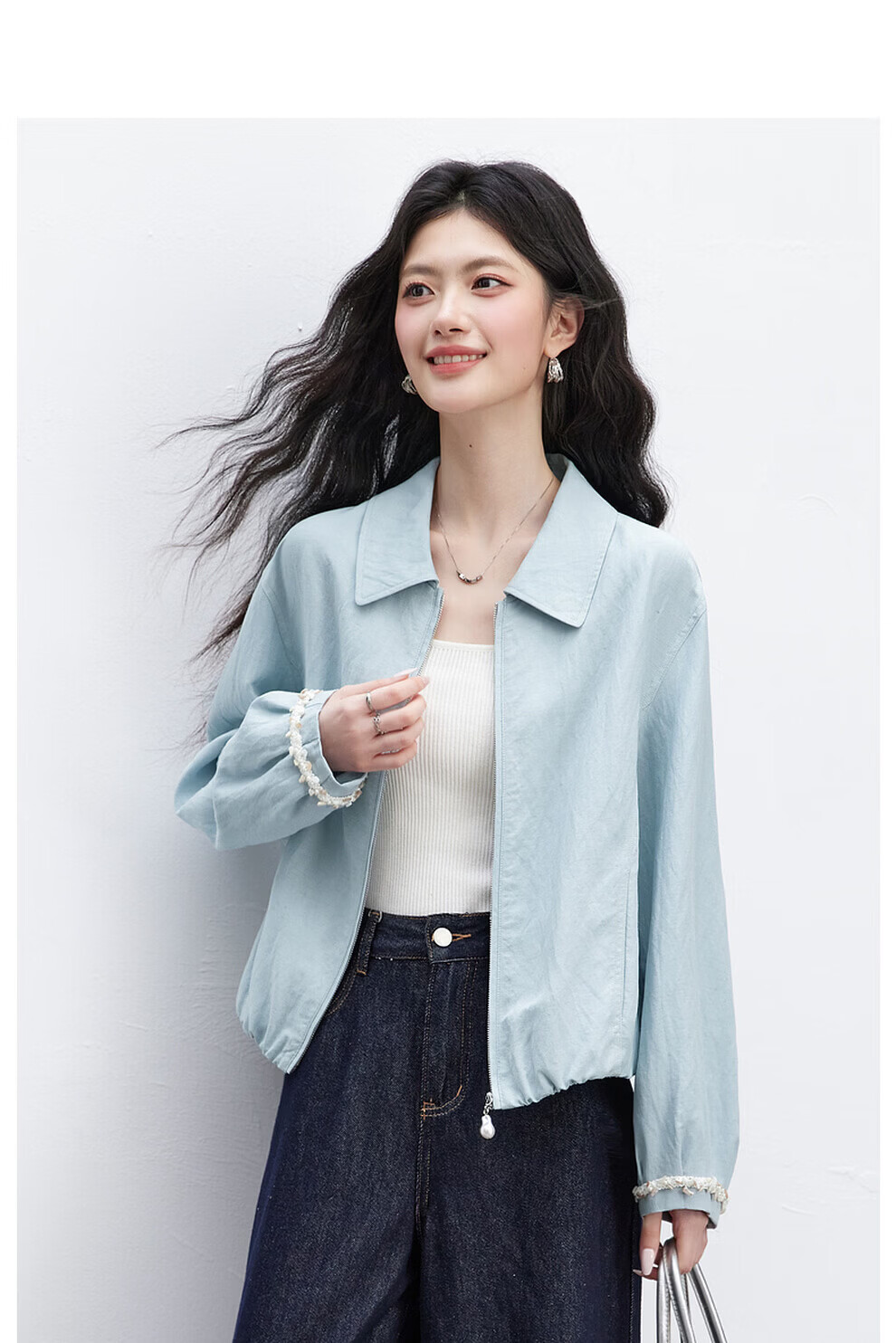 Vimly Baen Style Short Jacket for Women, Spring And Autumn New Arrival, Lyocell Fabric, Petite Versatile Lapel Coat, Water Blue, Size S 12
